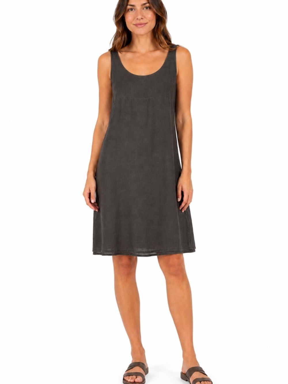 EILEEN FISHER 100% Linen Taupe Dress Front Hip Pockets Double Hem Raw Edge Sz XS